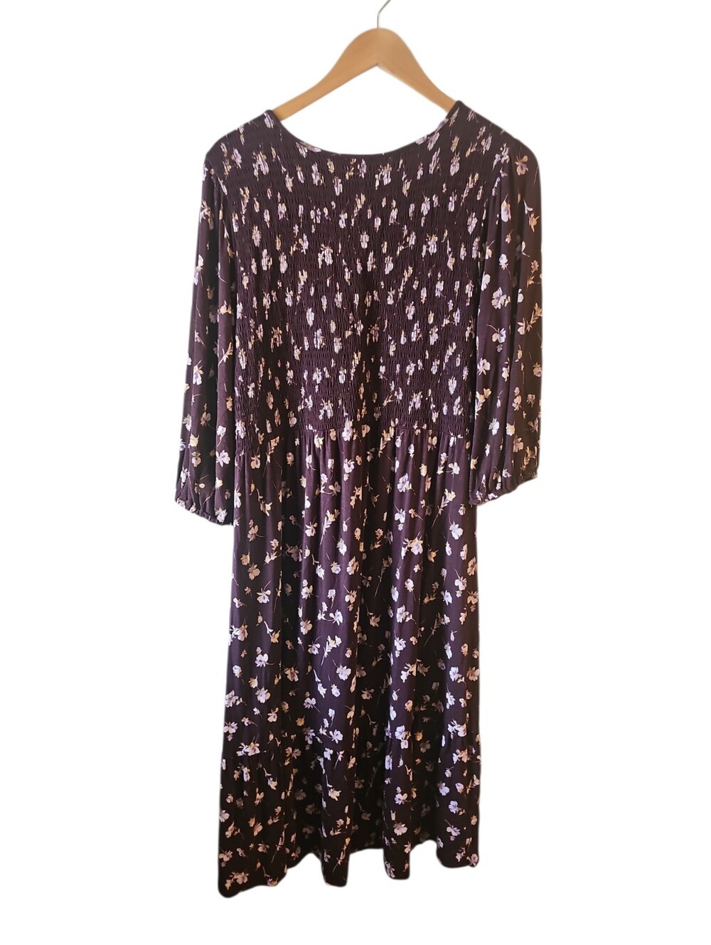 J. Jill Plum Purple Floral Smocked Tiered Flounced-Hem Midi Dress Medium Petite - Picture 6 of 11